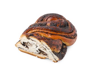 Photo of Piece of poppy seed roll isolated on white. Tasty cake