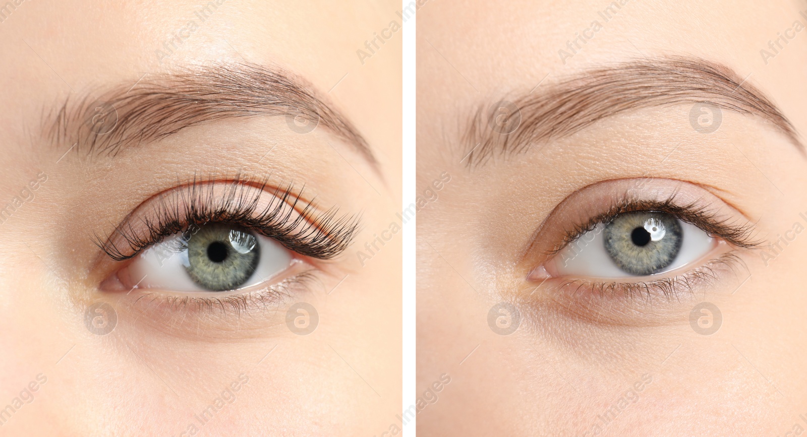 Image of Collage with photos of young woman before and after eyelash extension procedure, closeup