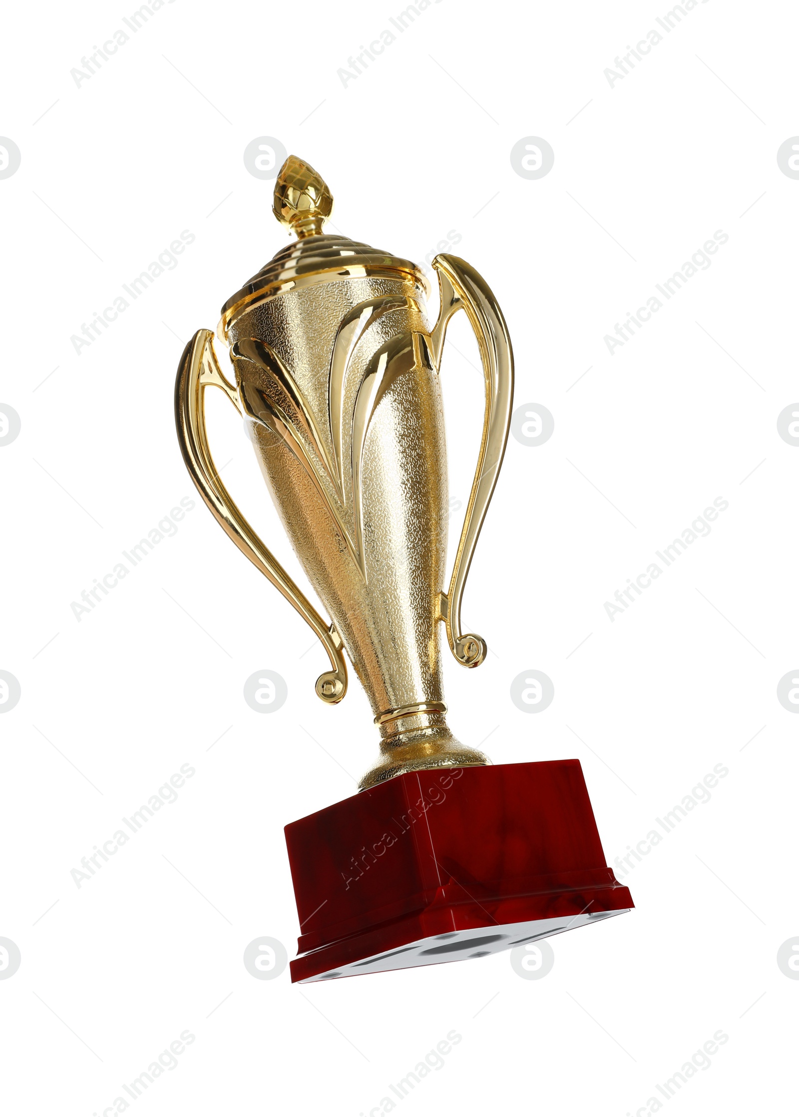 Photo of Shiny gold cup on white background. Winner's trophy