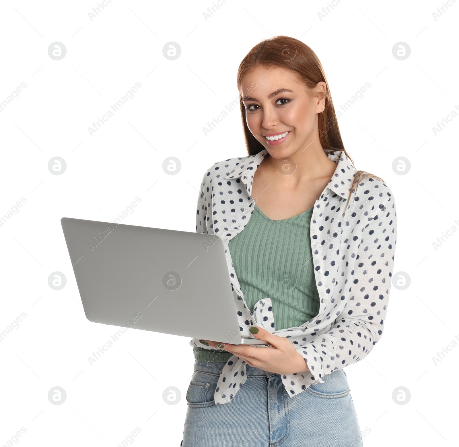 Photo of Teenage girl using laptop on white background