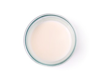 Glass of fresh milk isolated on white, top view