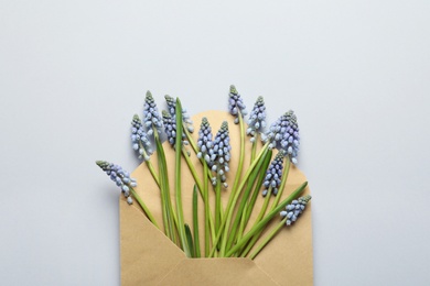 Photo of Envelope with beautiful spring muscari flowers on grey background, top view