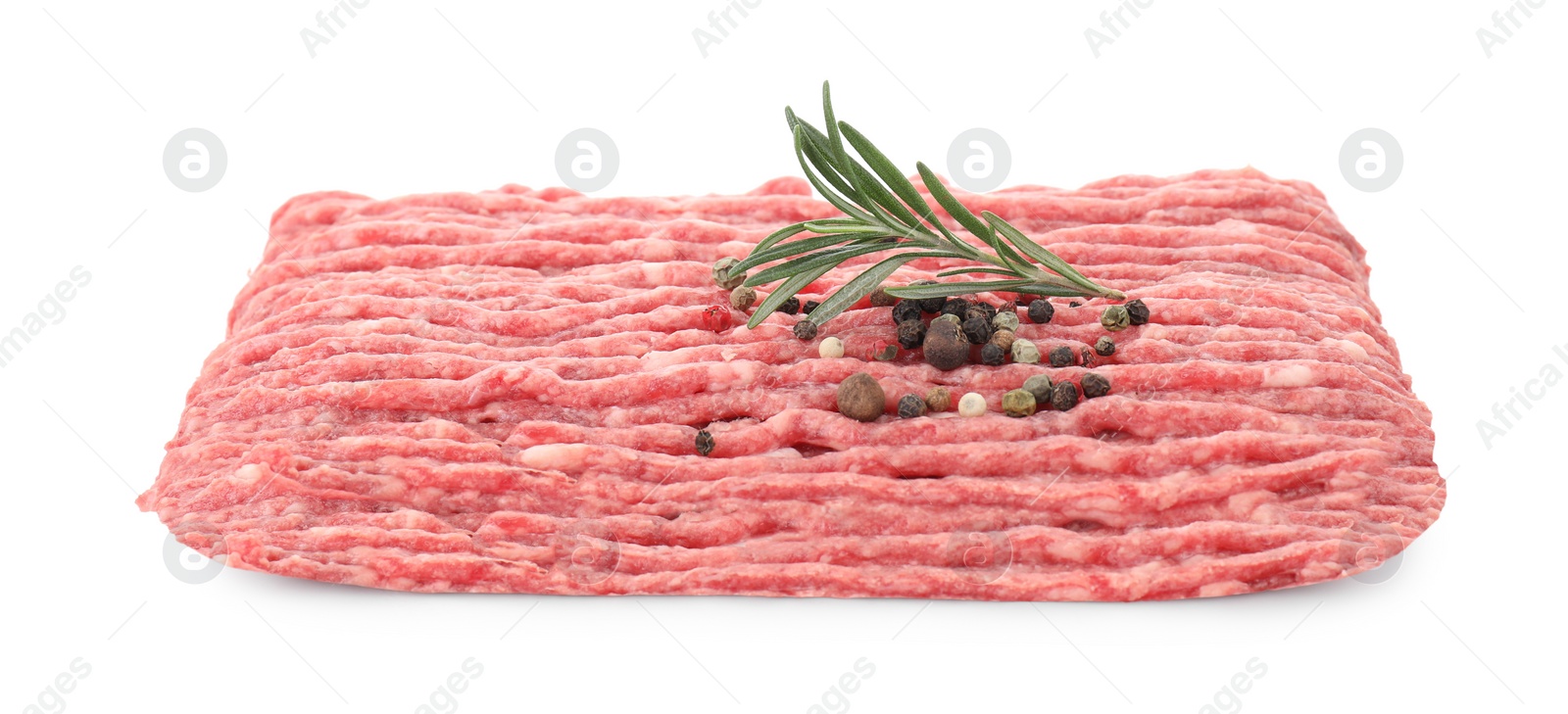 Photo of Raw ground meat, rosemary and peppercorns isolated on white