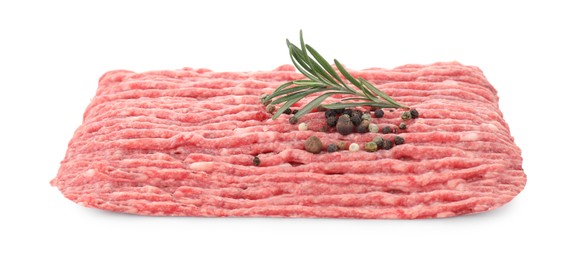 Raw ground meat, rosemary and peppercorns isolated on white