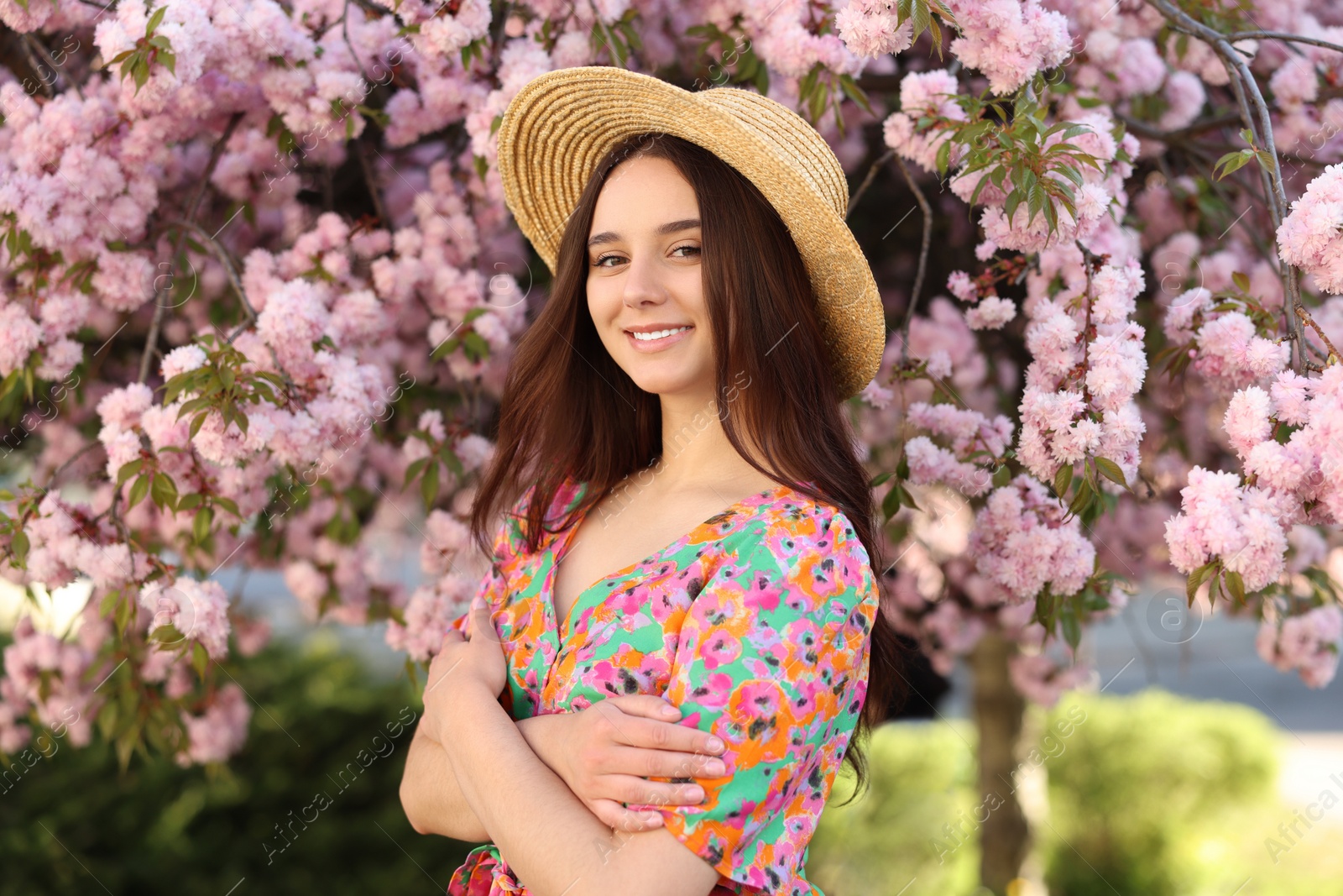 Photo of Beautiful woman in straw hat near blossoming tree on spring day