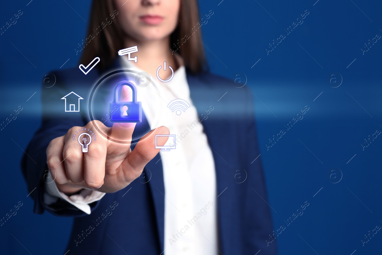 Image of Home security concept. Woman touching digital lock symbol, closeup