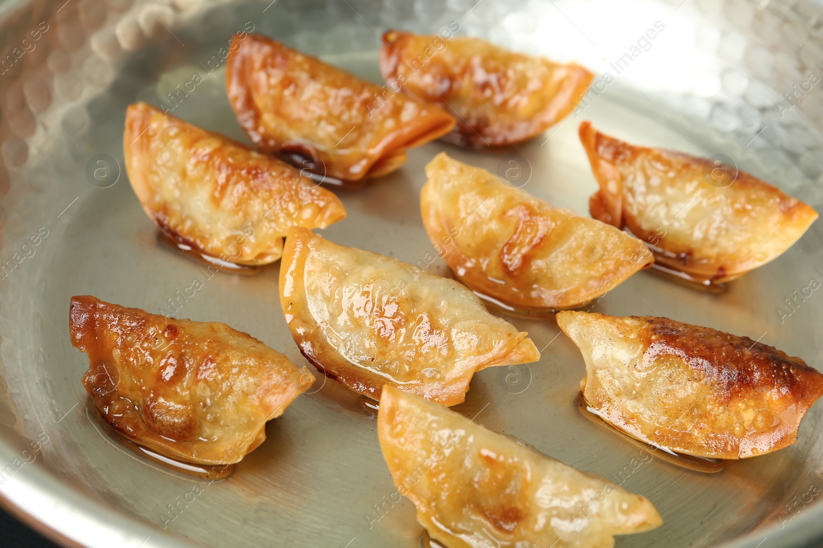 Photo of Cooking gyoza on frying pan with hot oil, closeup