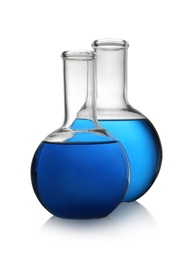 Florence flasks with blue liquid on white background. Laboratory glassware