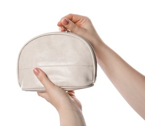 Photo of Woman with cosmetic bag isolated on white, closeup