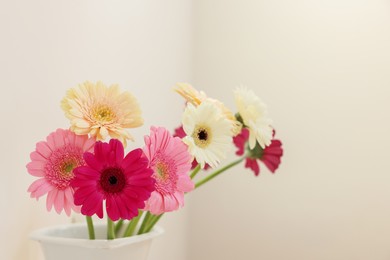 Photo of Vase with beautiful gerbera flowers on beige background, closeup. Space for text