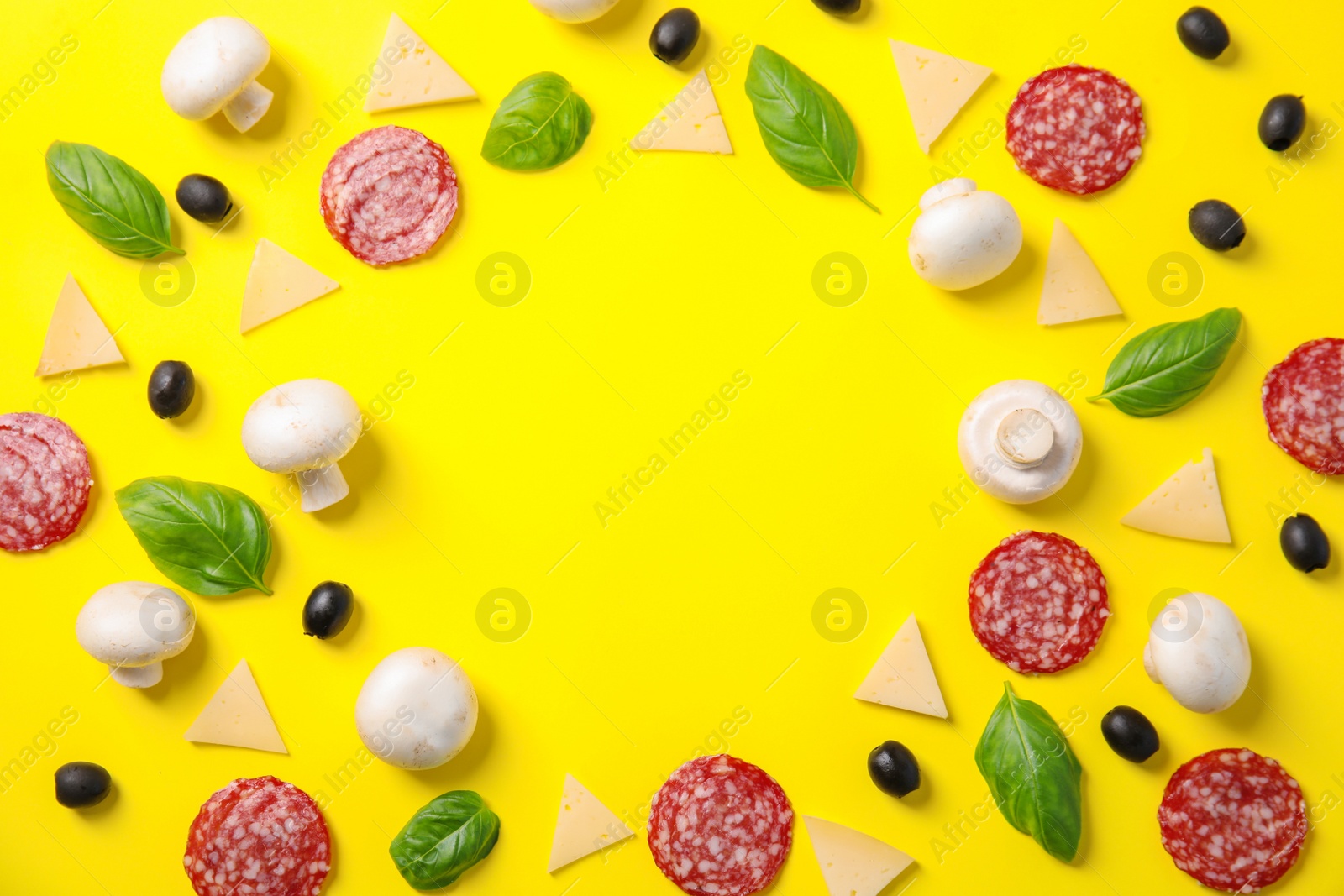 Photo of Flat lay composition with ingredients for pizza on color background, space for text