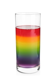 Photo of Tasty layered jelly dessert in glass on white background