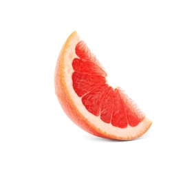 Photo of Slice of ripe juicy grapefruit on white background