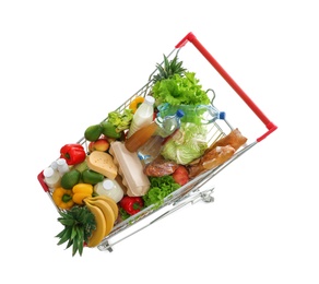 Photo of Shopping cart full of groceries on white background, above view