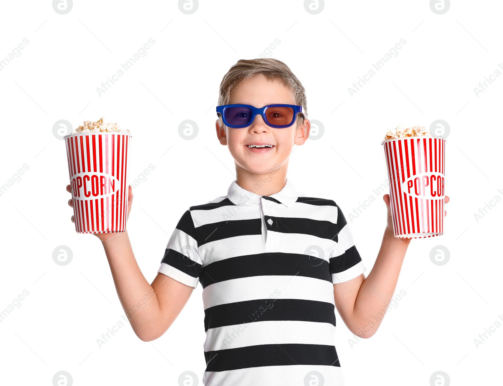 Photo of Cute boy in 3D glasses with popcorn buckets isolated on white