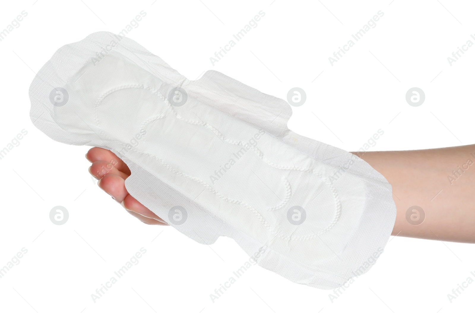 Photo of Woman holding sanitary napkin on white background, closeup