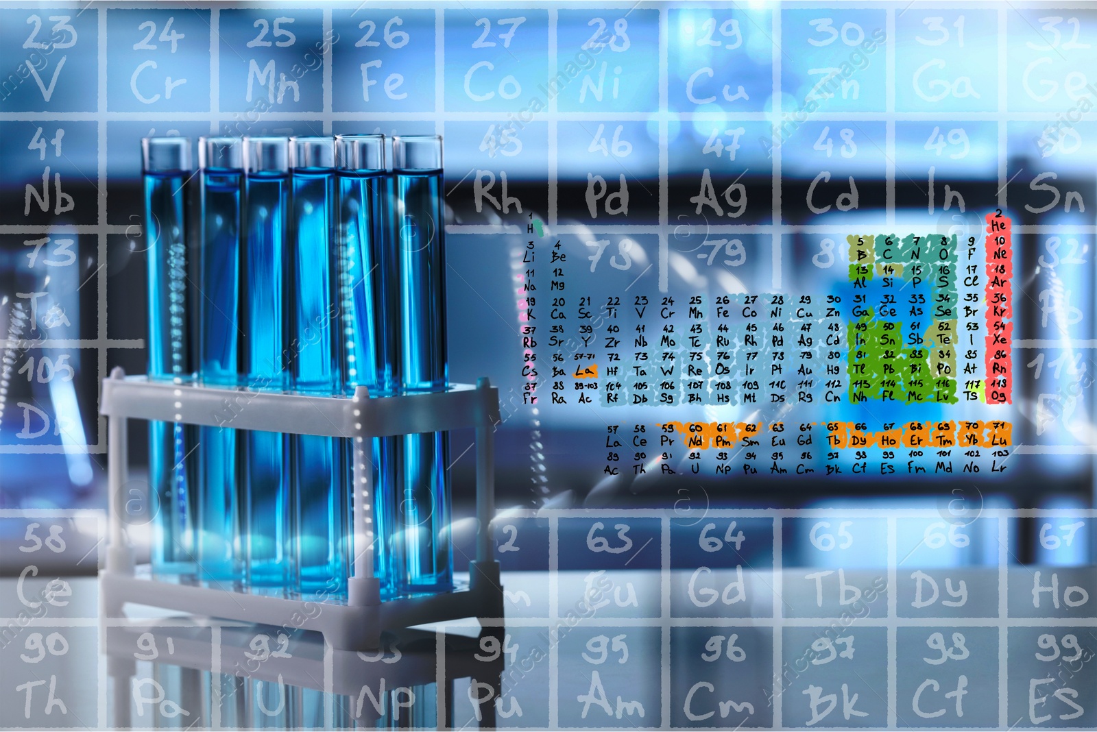 Image of Test tubes with light blue liquid in laboratory and periodic table of chemical elements, multiple exposure