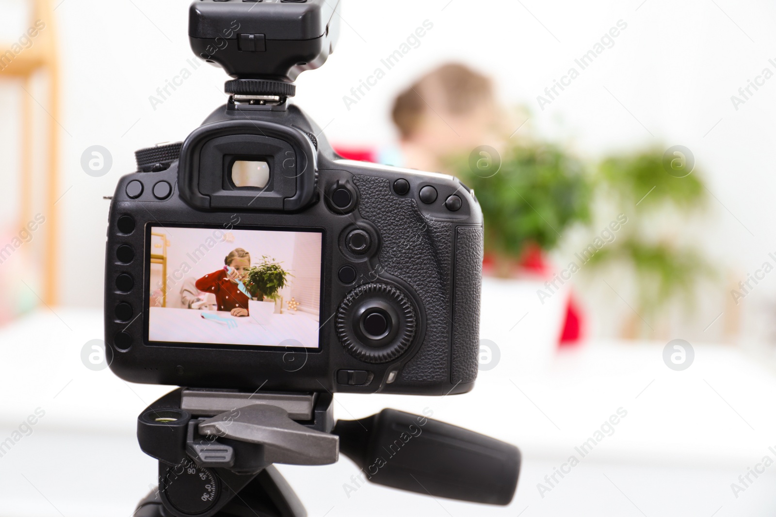 Photo of Cute little blogger with plant recording video at home, focus on camera