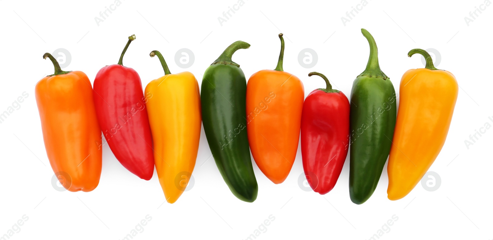 Photo of Different hot chili peppers isolated on white, top view