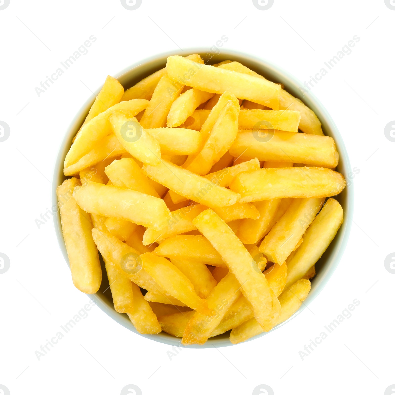 Photo of Bowl with delicious french fries on white background, top view