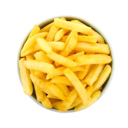 Bowl with delicious french fries on white background, top view