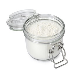 Photo of Baking powder in glass jar isolated on white