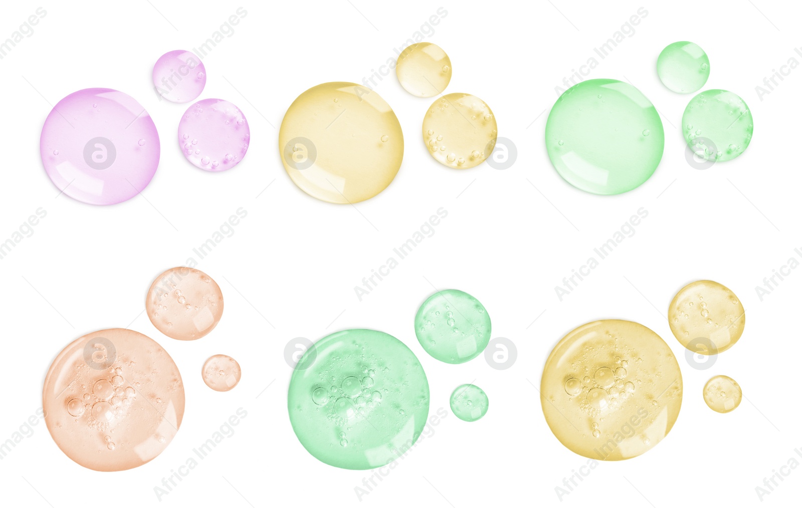 Image of Serum drops on white background, top view. Skin care product