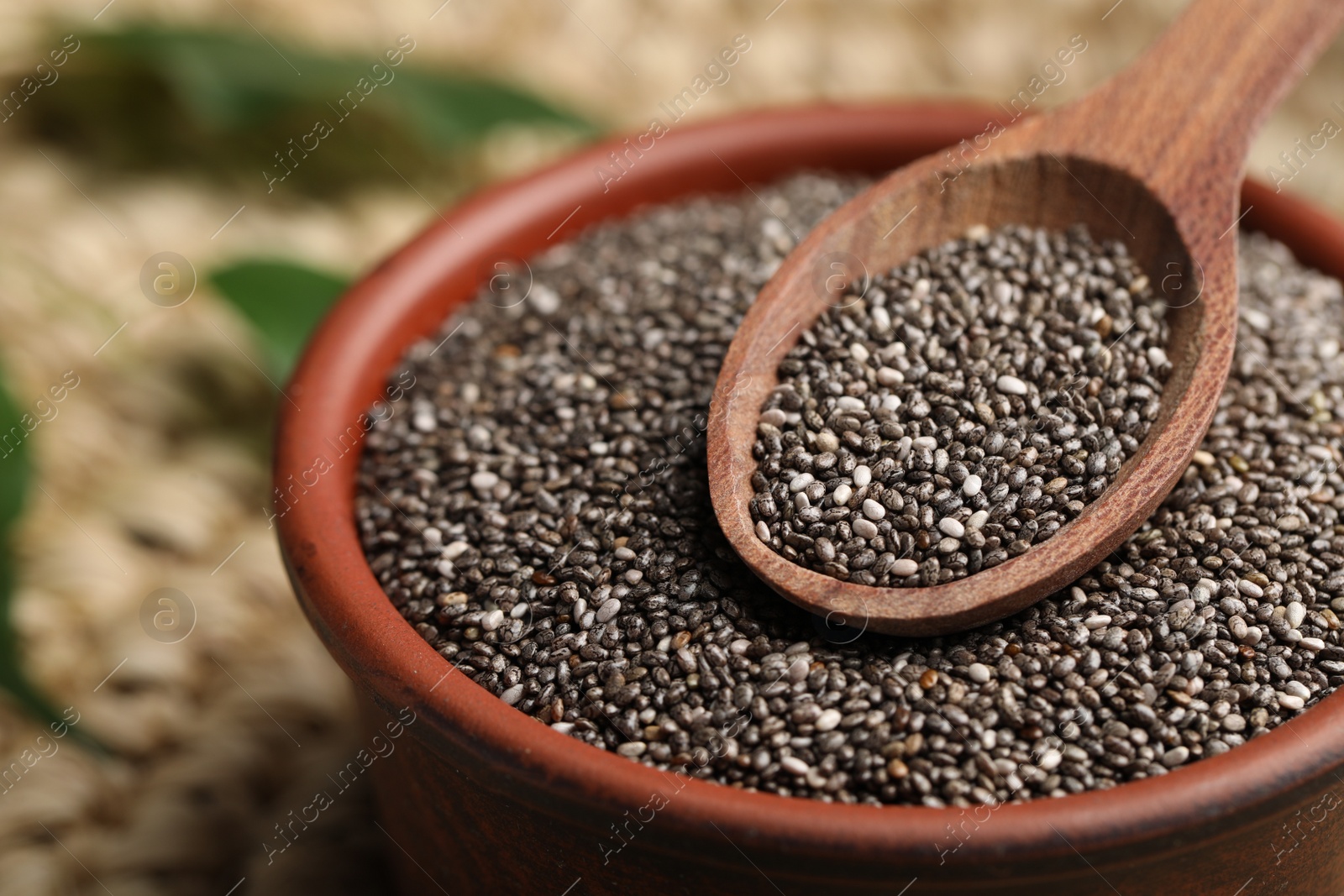 Photo of Bowl and spoon with chia seeds, closeup