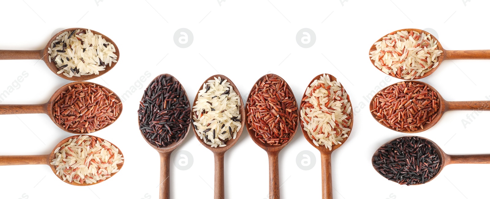 Image of Set with different types of rice in spoons on white background, top view. Banner design