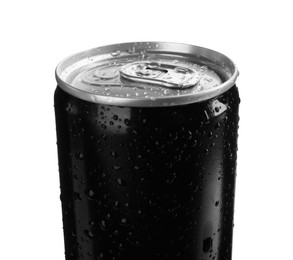 Photo of Black can of energy drink with water drops isolated on white, closeup. Mockup for design