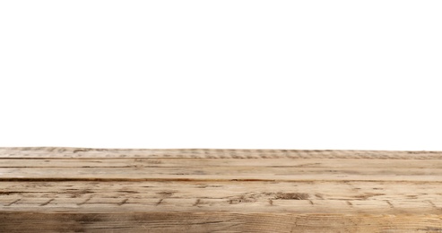 Empty wooden table on white background. Mockup for design