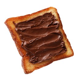 Photo of Piece of fresh toast bread with tasty chocolate paste isolated on white