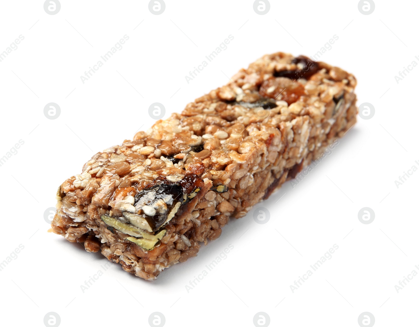 Photo of Grain cereal bar on white background. Healthy snack