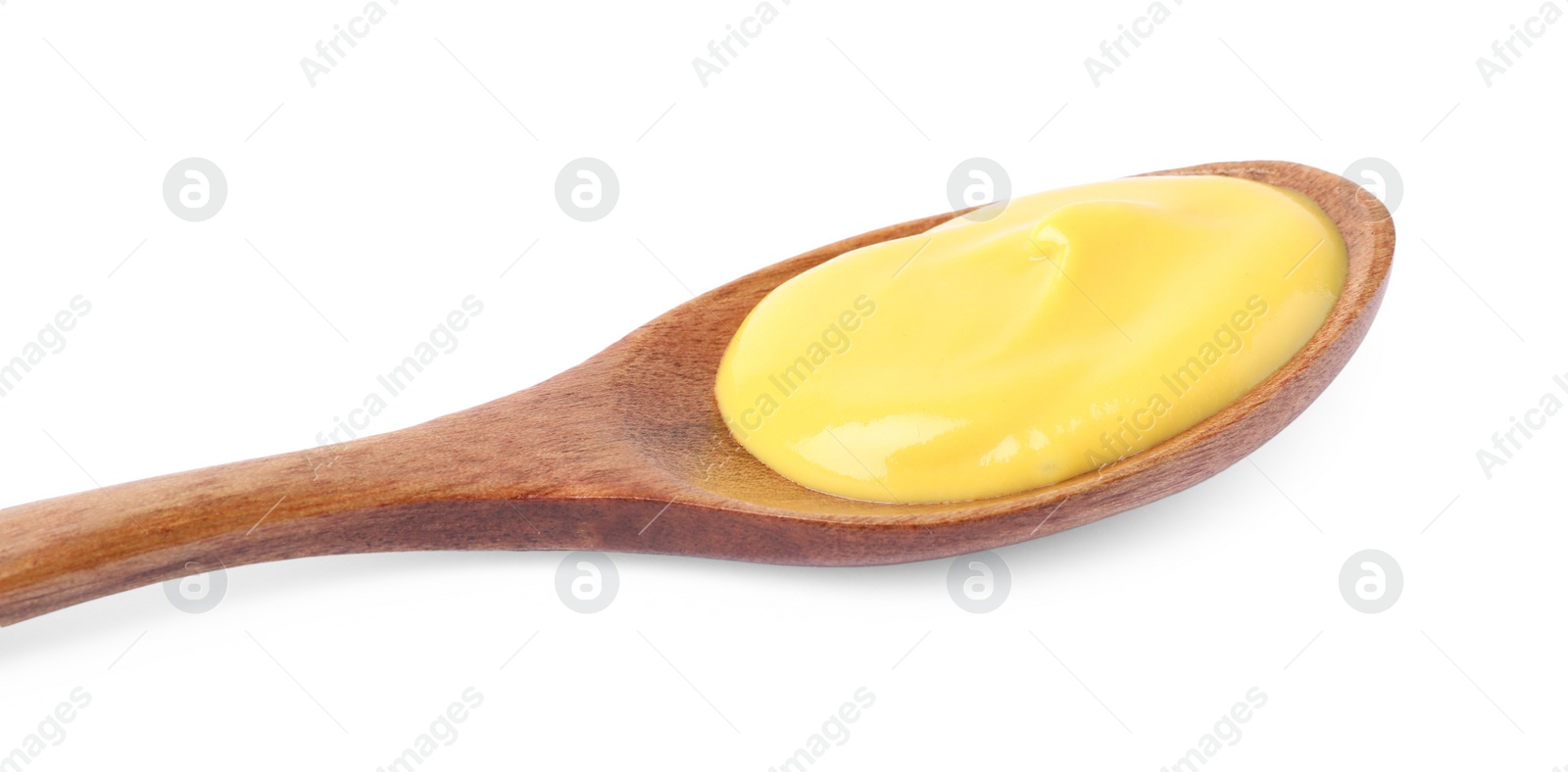 Photo of Delicious mustard in wooden spoon isolated on white, closeup