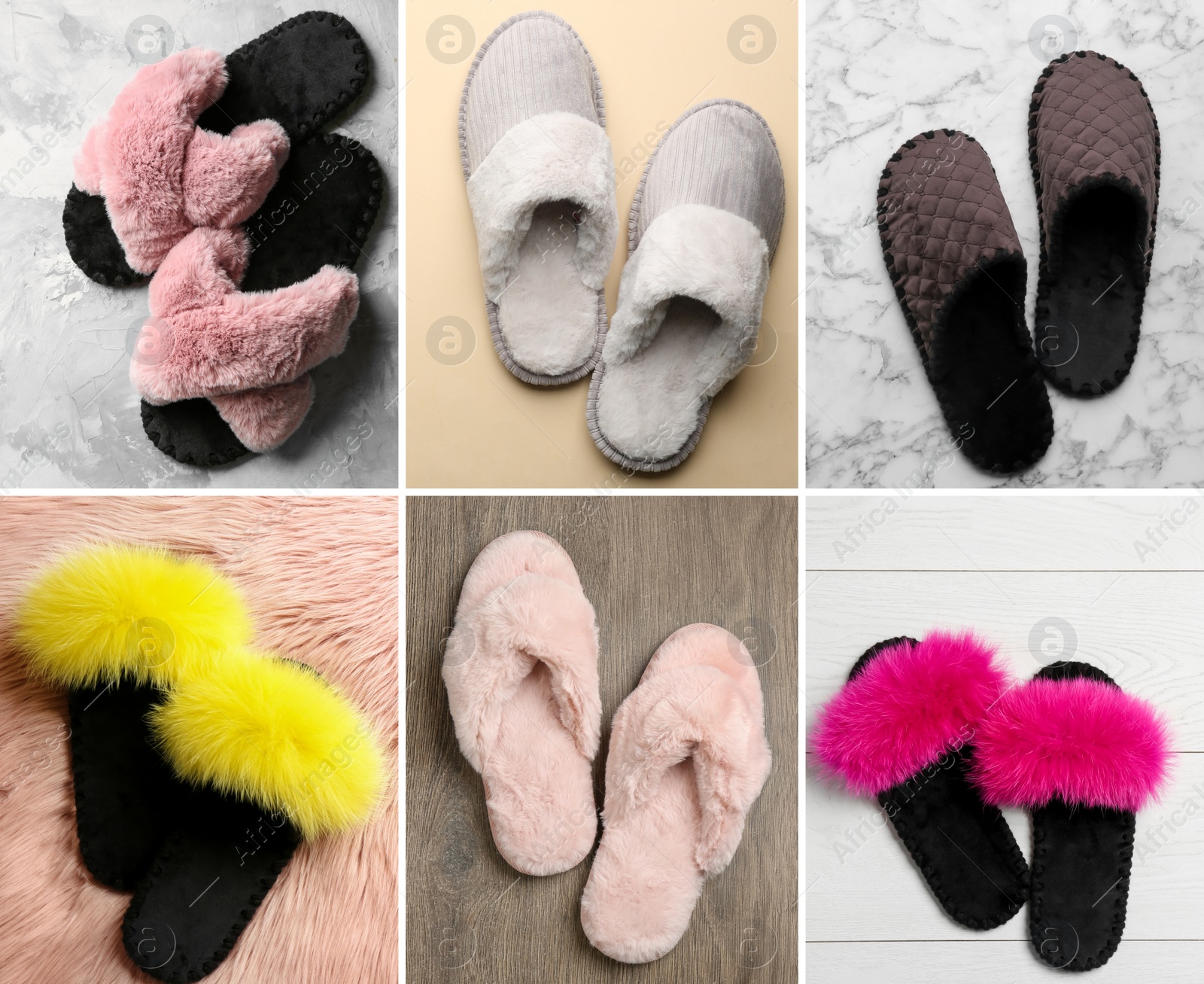 Image of Collage with soft slippers on different backgrounds, top view