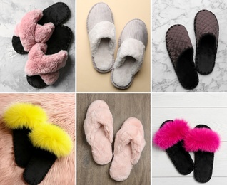 Collage with soft slippers on different backgrounds, top view