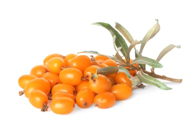 Photo of Fresh ripe sea buckthorn berries and leaves on white background