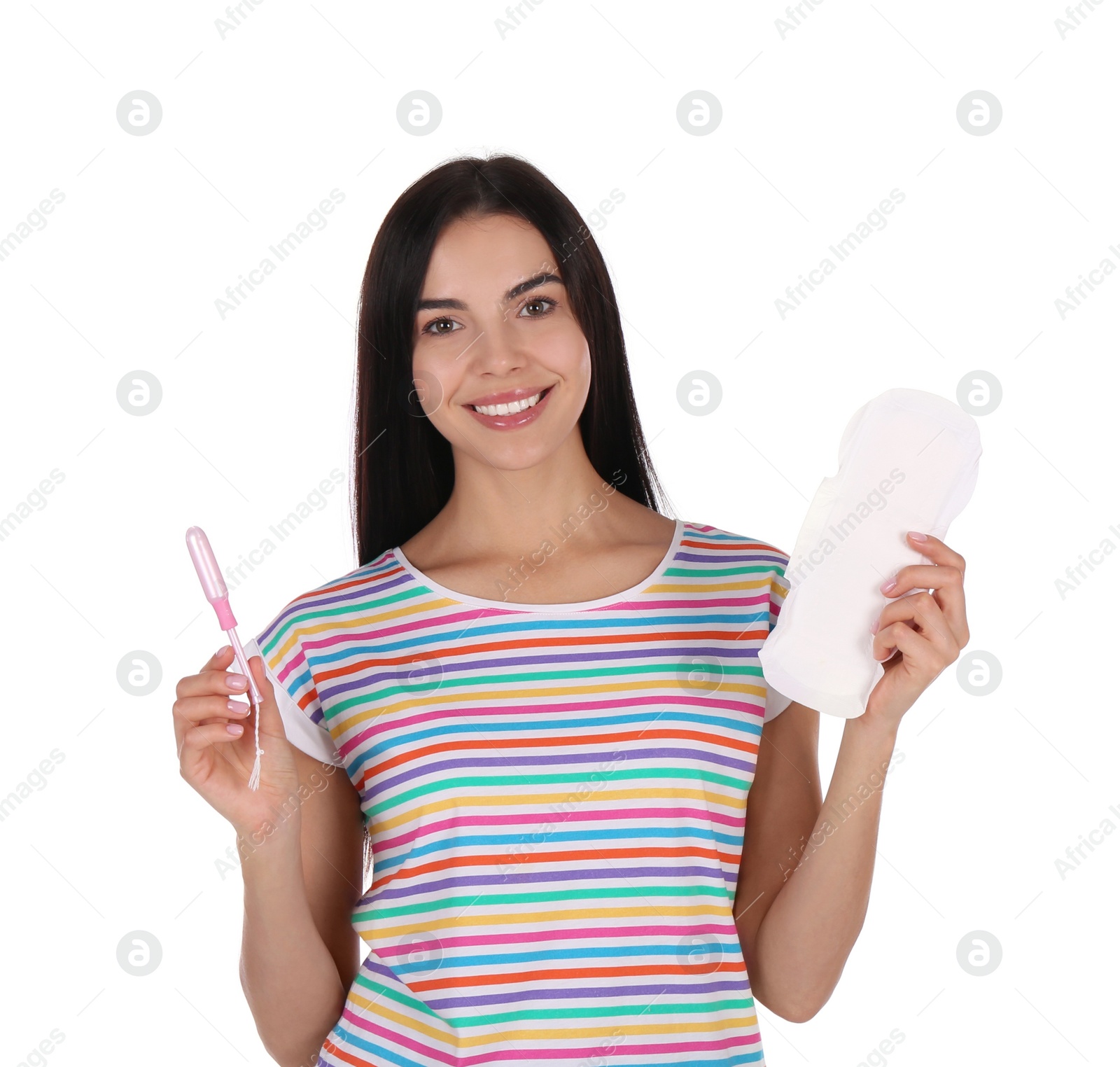 Photo of Young woman with menstrual pad and tampon on white background