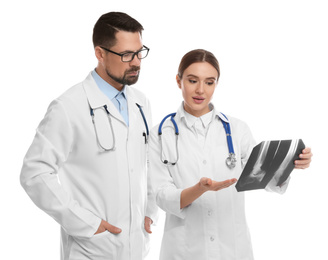 Photo of Orthopedists working with X-ray picture on white background