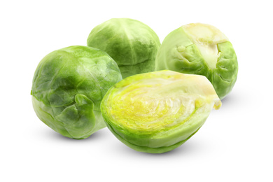 Image of Fresh tasty Brussels sprouts on white background