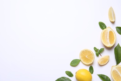 Photo of Many fresh ripe lemons on white background, top view