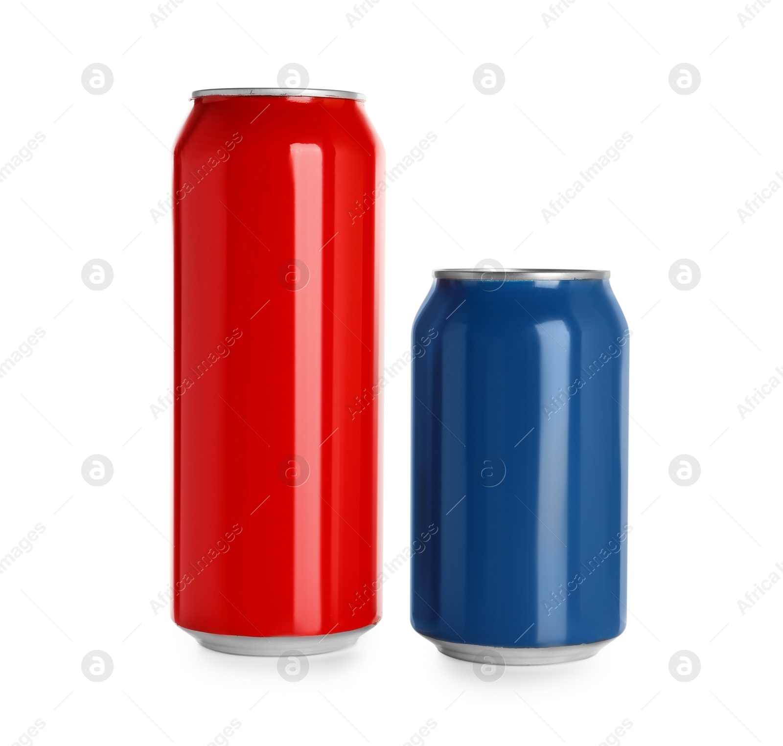 Photo of Aluminum cans with drinks on white background