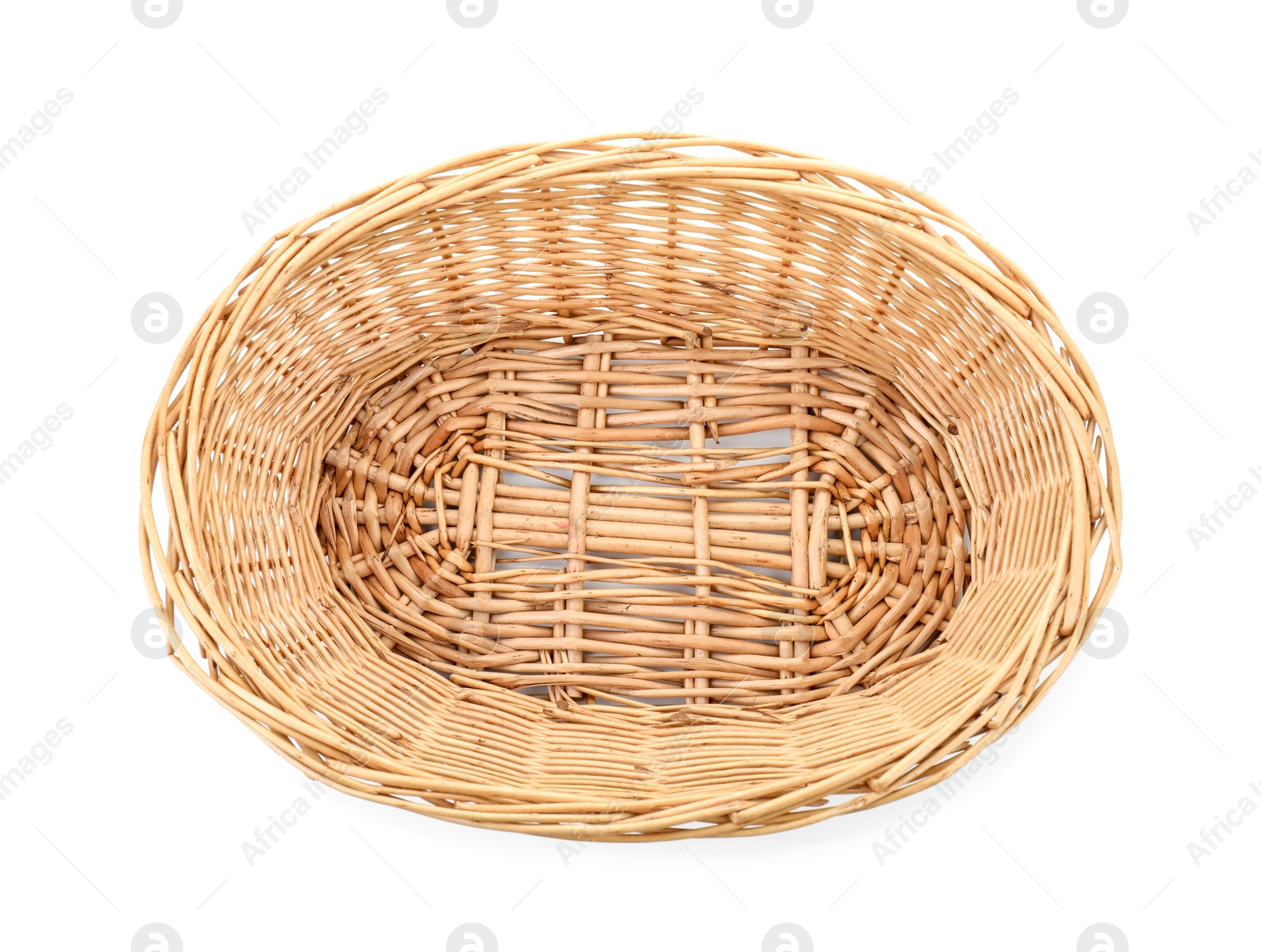 Photo of One empty wicker bread basket isolated on white, top view