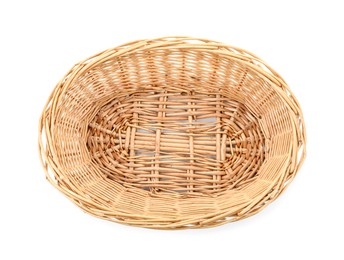 One empty wicker bread basket isolated on white, top view