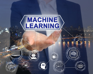 Woman demonstrating machine learning model with linked icons and night cityscape on background, closeup