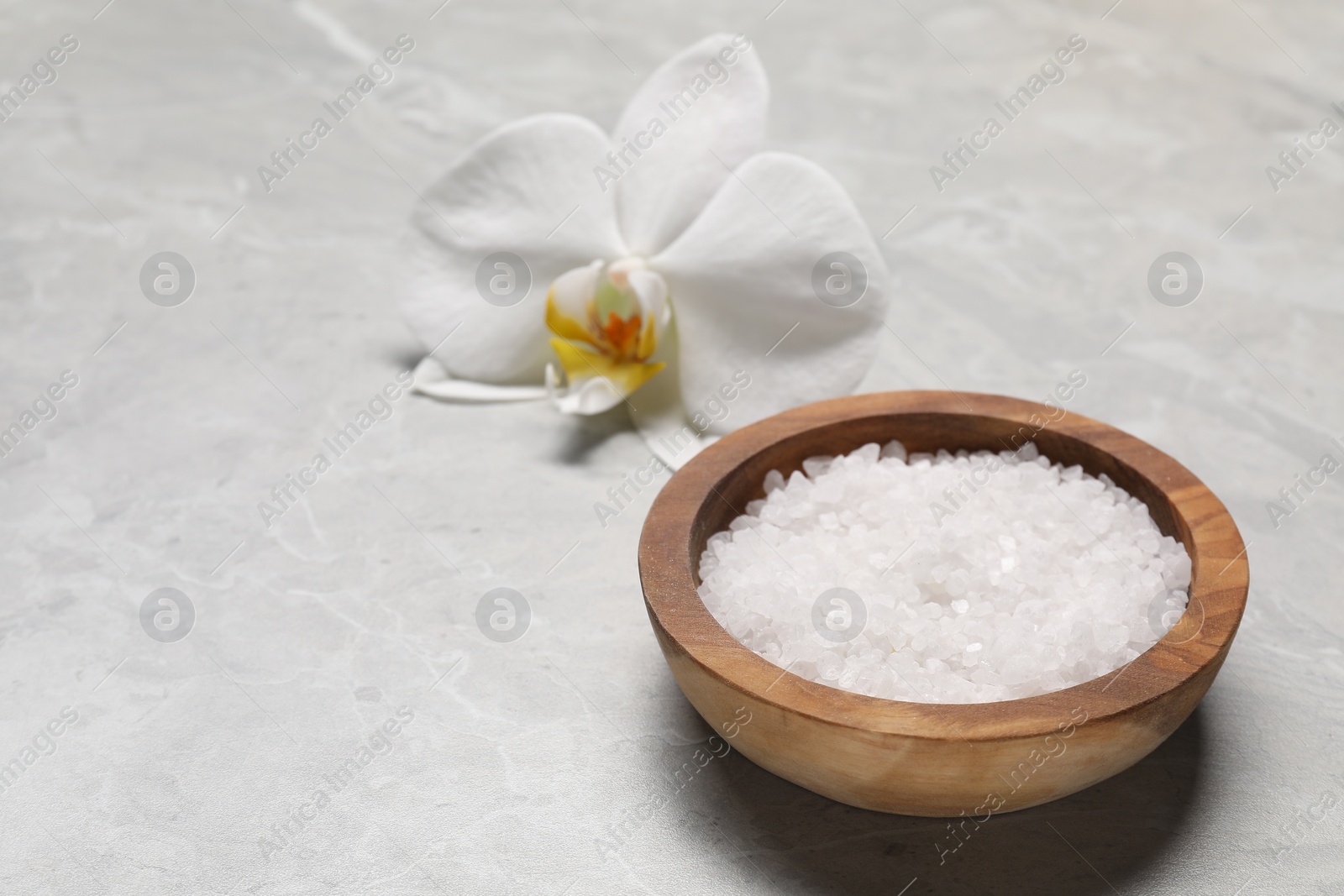 Photo of Natural sea salt in bowl and beautiful orchid on grey marble table, space for text