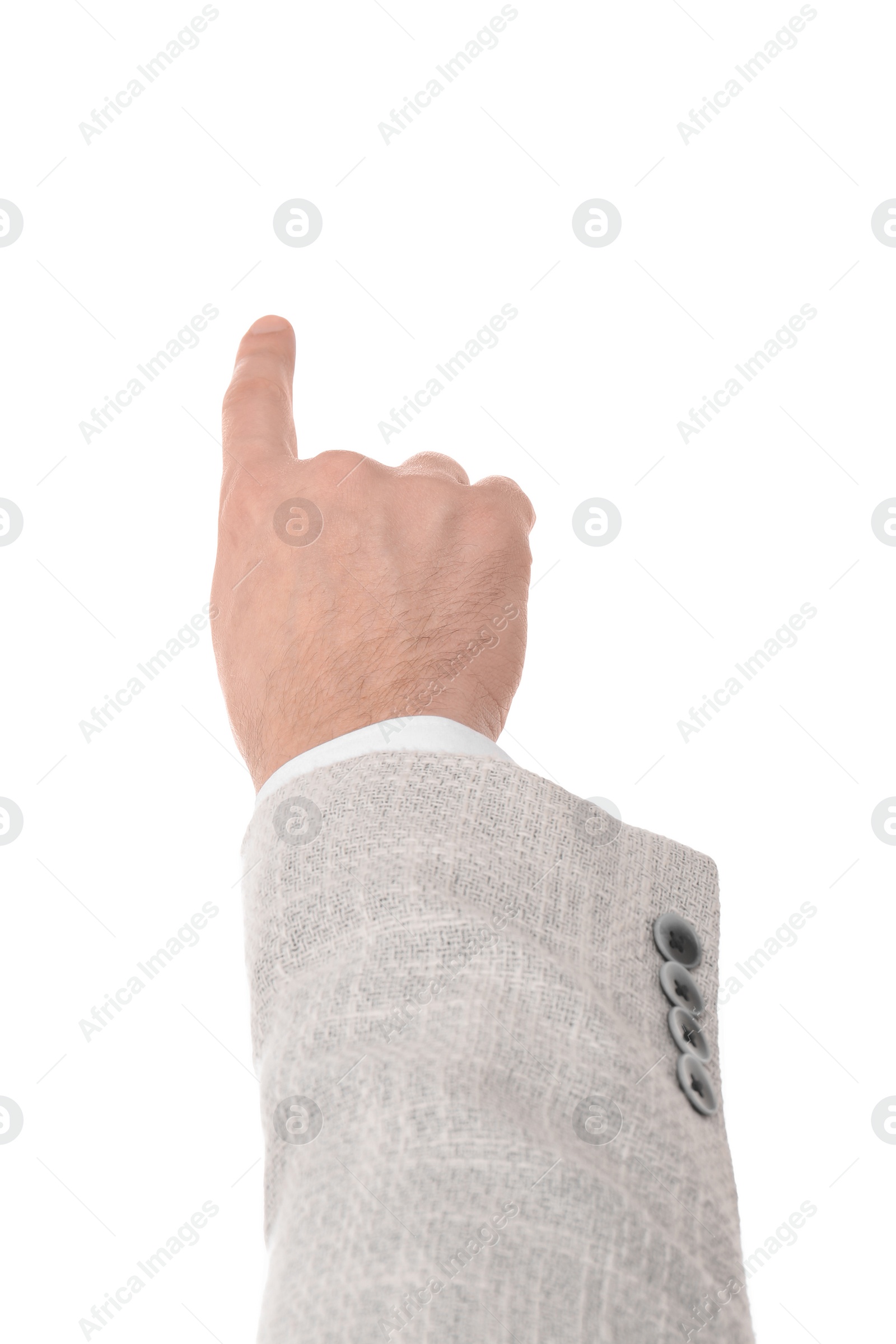 Photo of Man pointing with index finger on white background, closeup