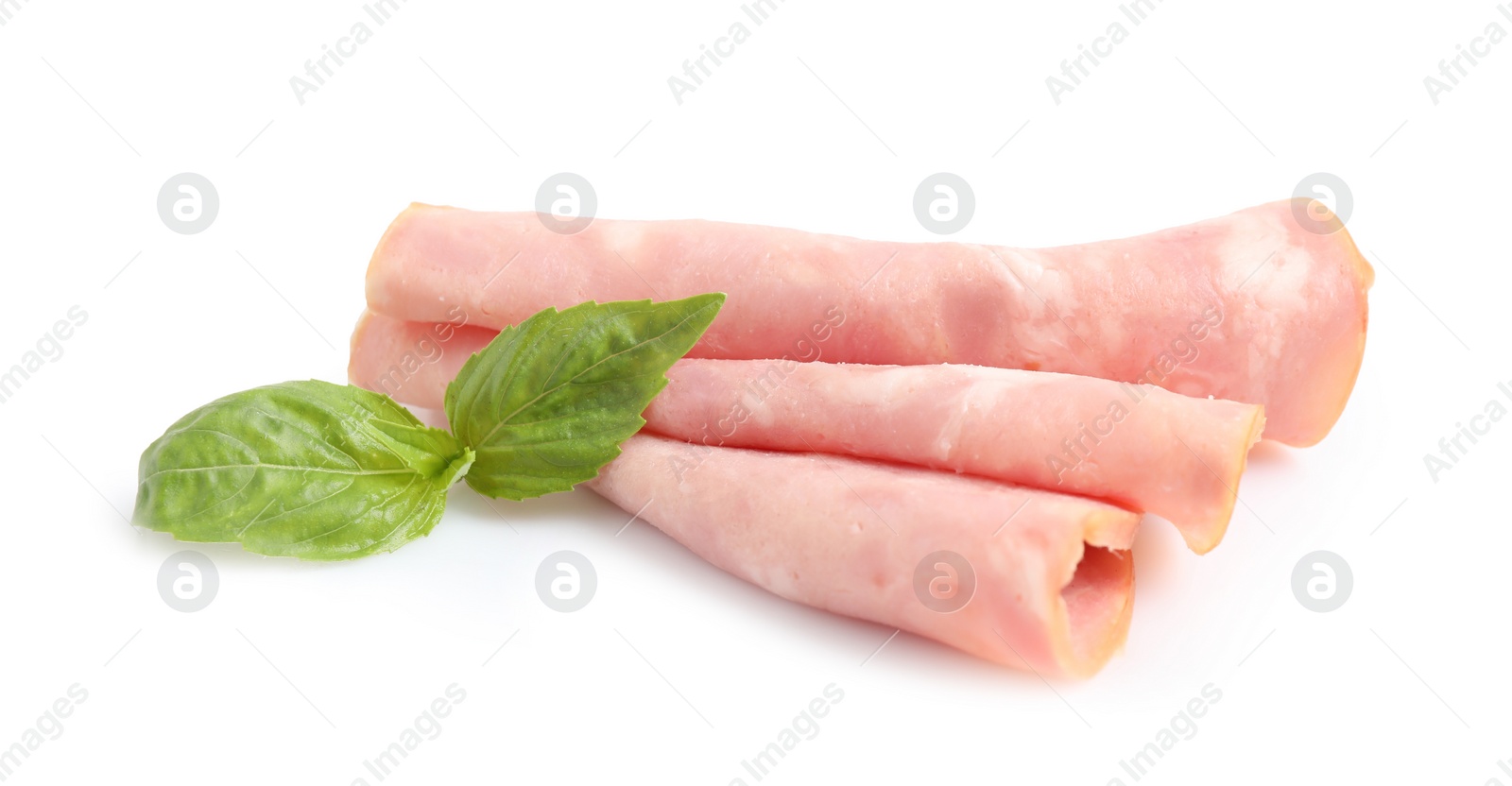 Photo of Tasty ham with basil isolated on white