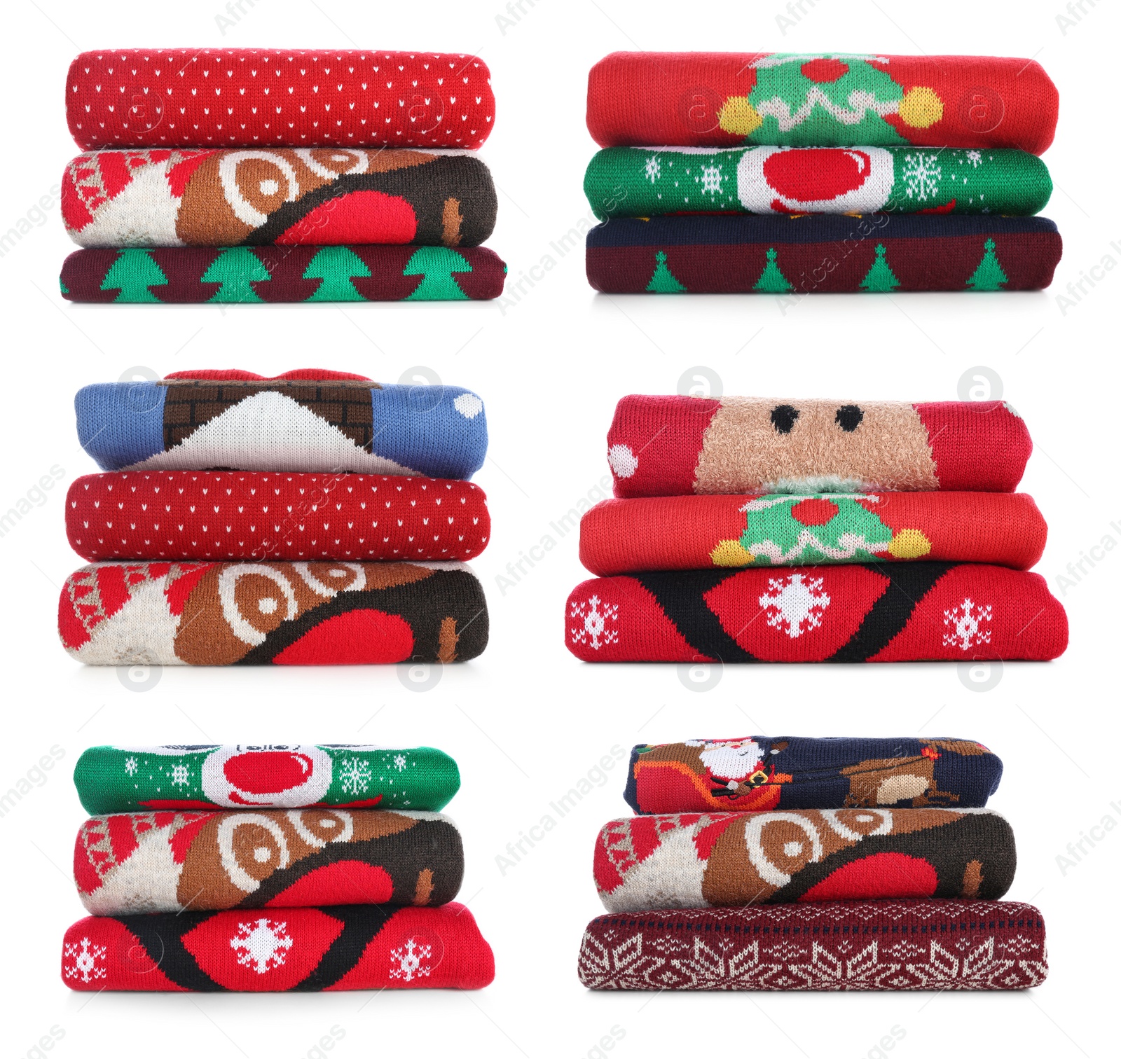 Image of Set of folded Christmas sweaters on white background