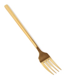 Photo of Stylish clean gold fork on white background